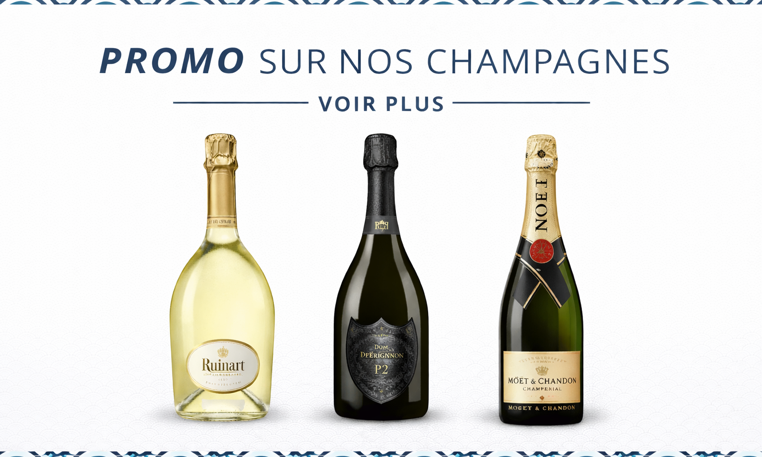 Découvrez notre sélection exclusive de champagnes d’exception : Ruinart Blanc de Blancs, Dom Pérignon Plénitude et Moët Impérial. Profitez d’une offre spéciale et sublimez vos moments de célébration.